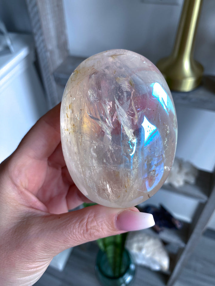 Jumbo Interdimensional Angel Aura Clear Quartz Palm Stone 