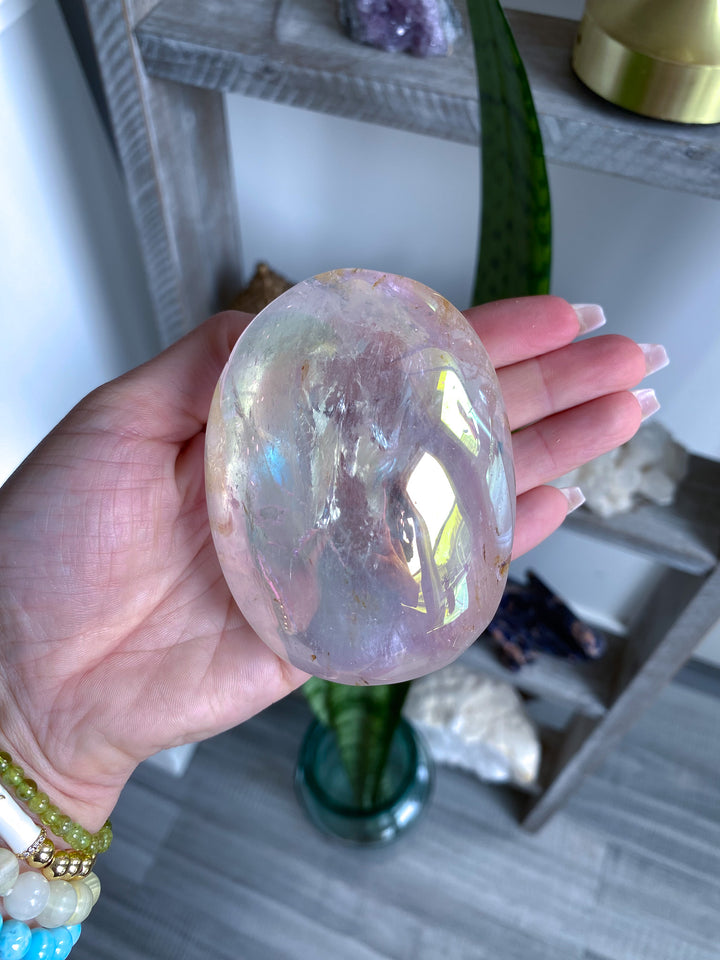 Jumbo Interdimensional Angel Aura Clear Quartz Palm Stone 