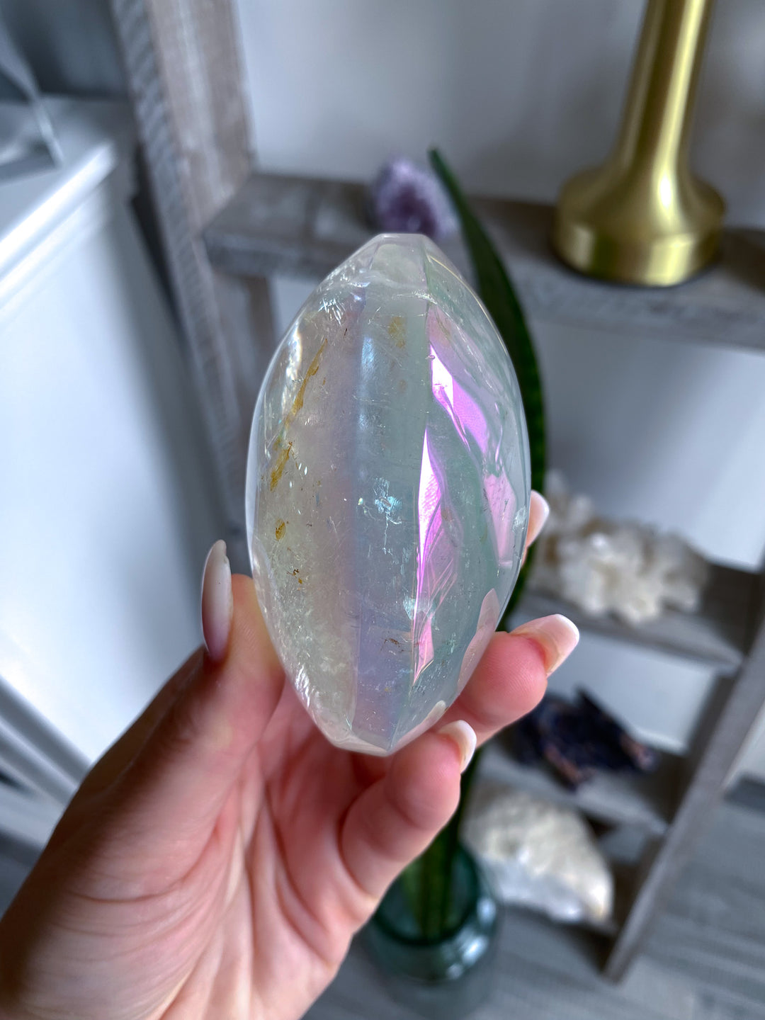 Jumbo Interdimensional Angel Aura Clear Quartz Palm Stone 