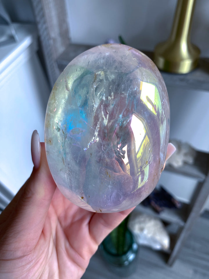 Jumbo Interdimensional Angel Aura Clear Quartz Palm Stone 
