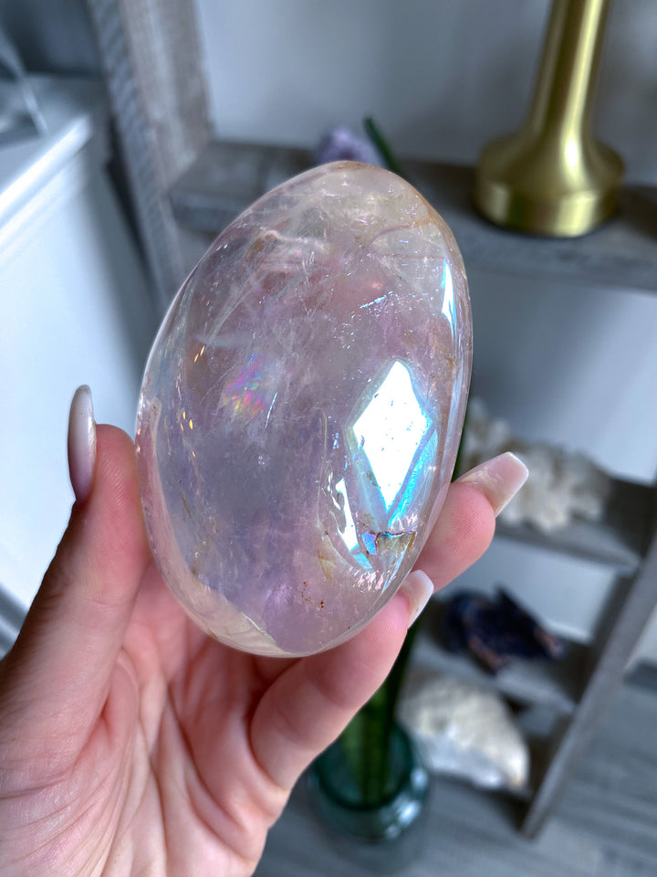Jumbo Interdimensional Angel Aura Clear Quartz Palm Stone 