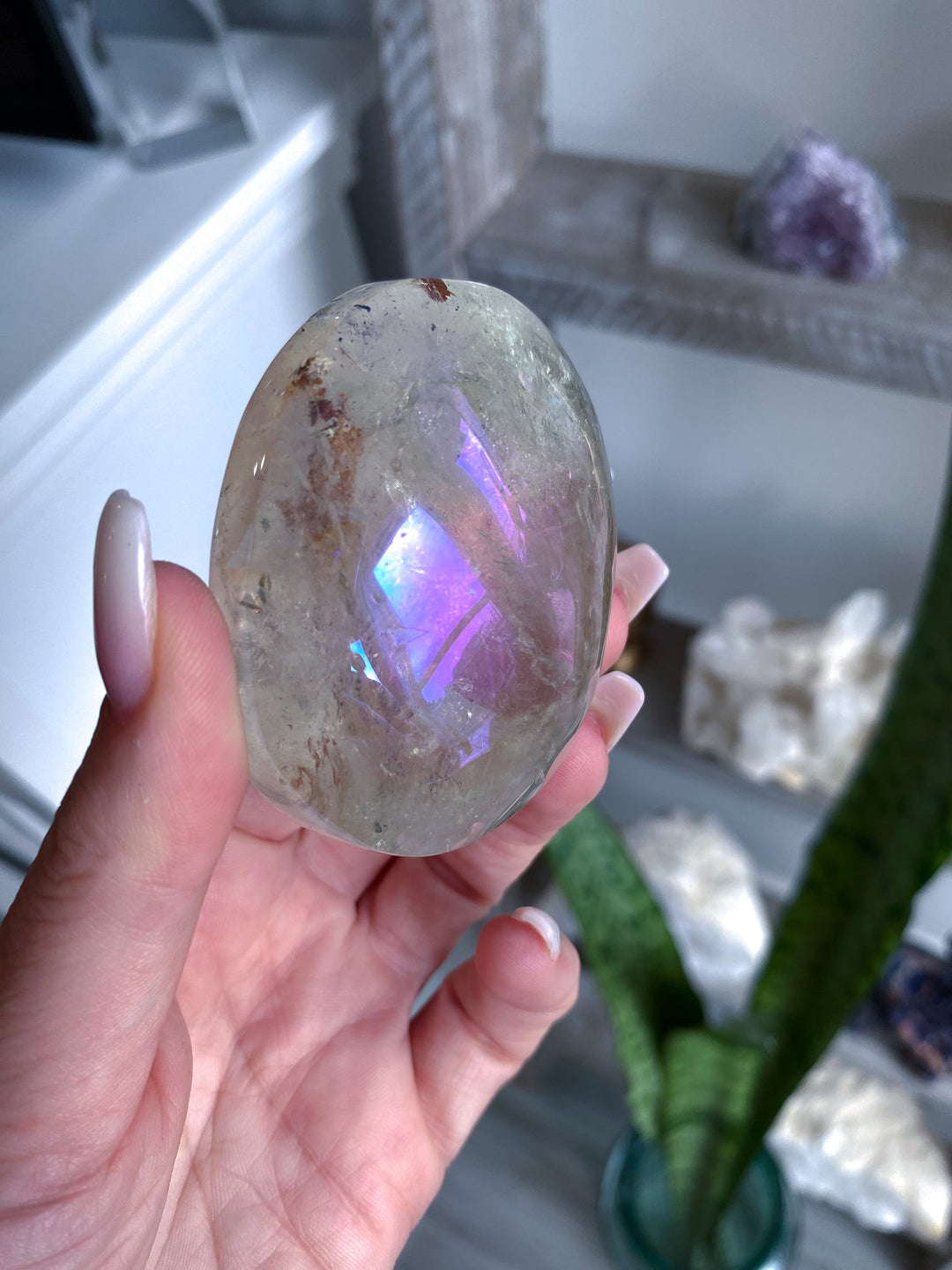 Large Angel Aura Clear Quartz Palm Stone 