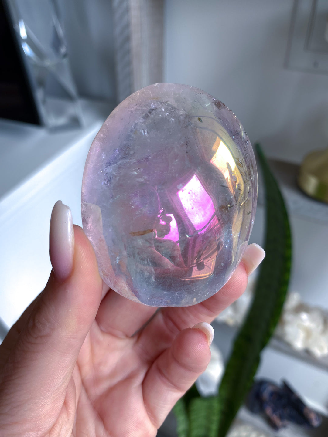 Large Angel Aura Clear Quartz Palm Stone 
