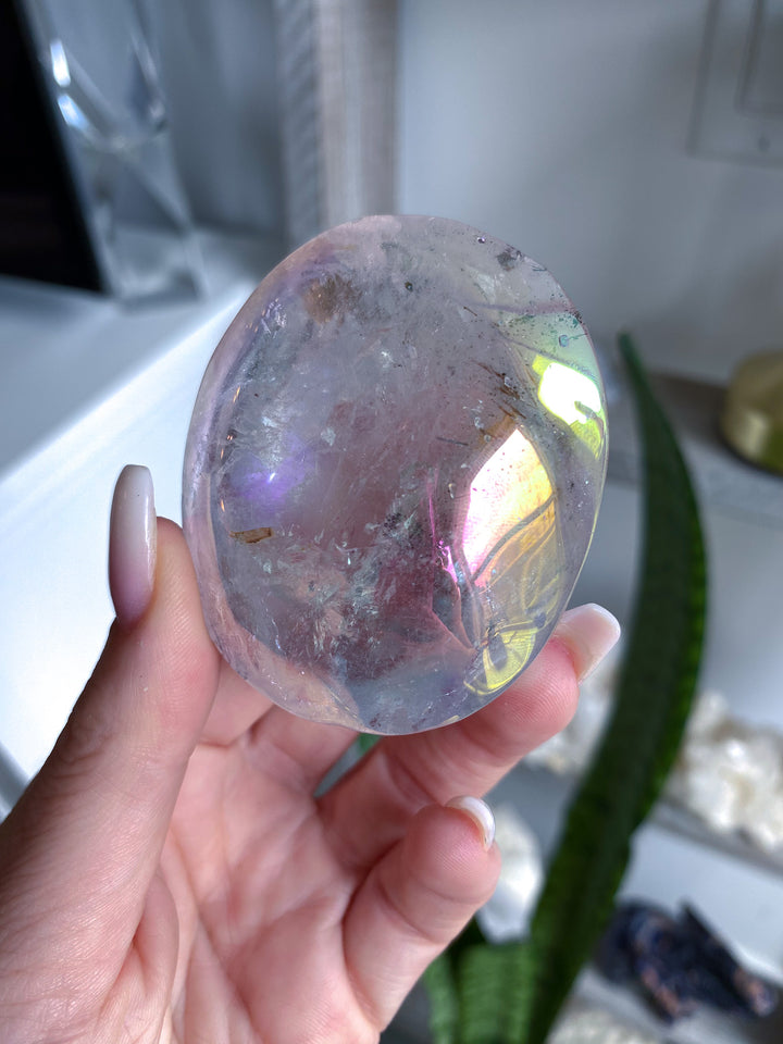 Large Angel Aura Clear Quartz Palm Stone 
