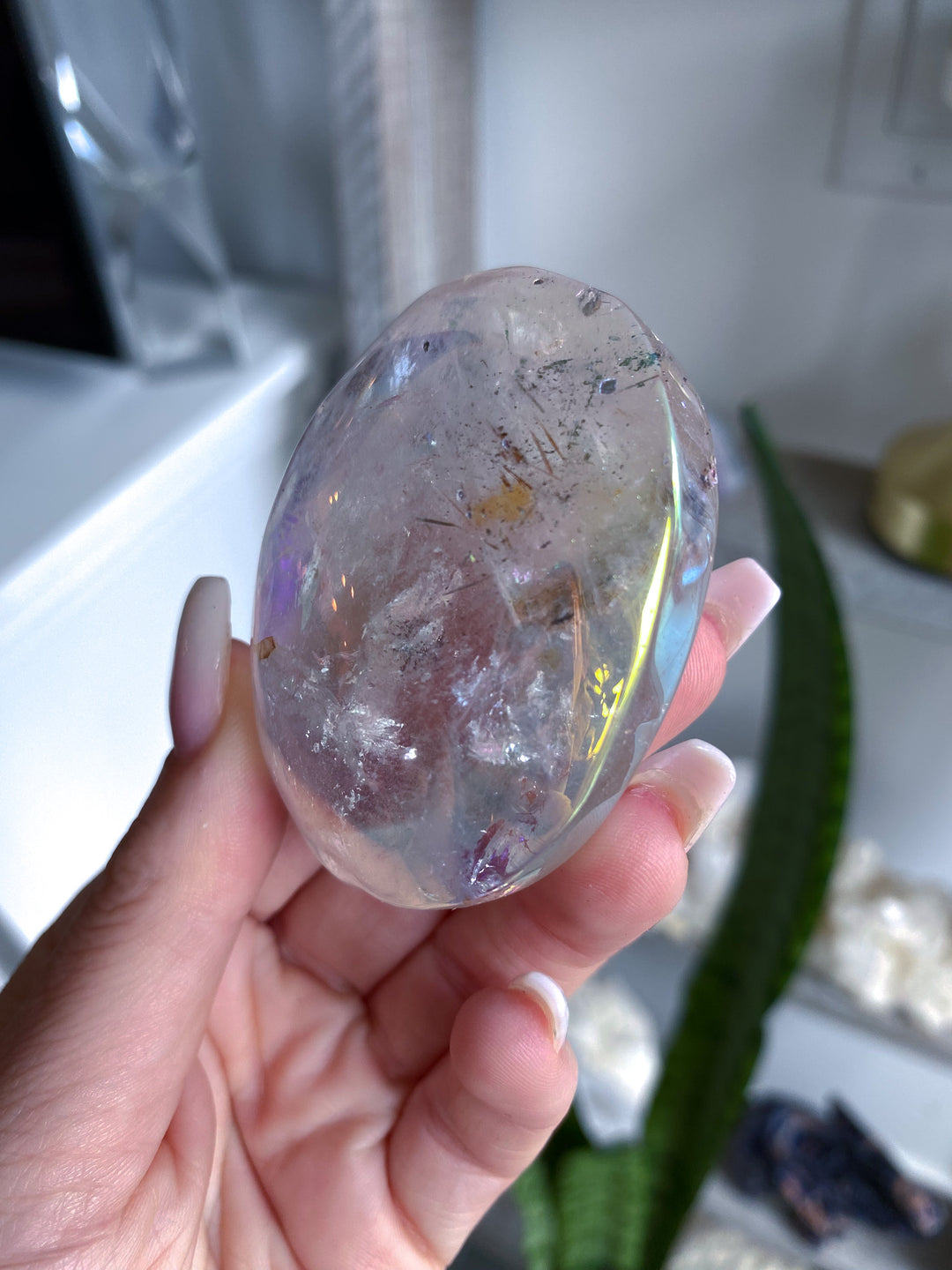Large Angel Aura Clear Quartz Palm Stone 