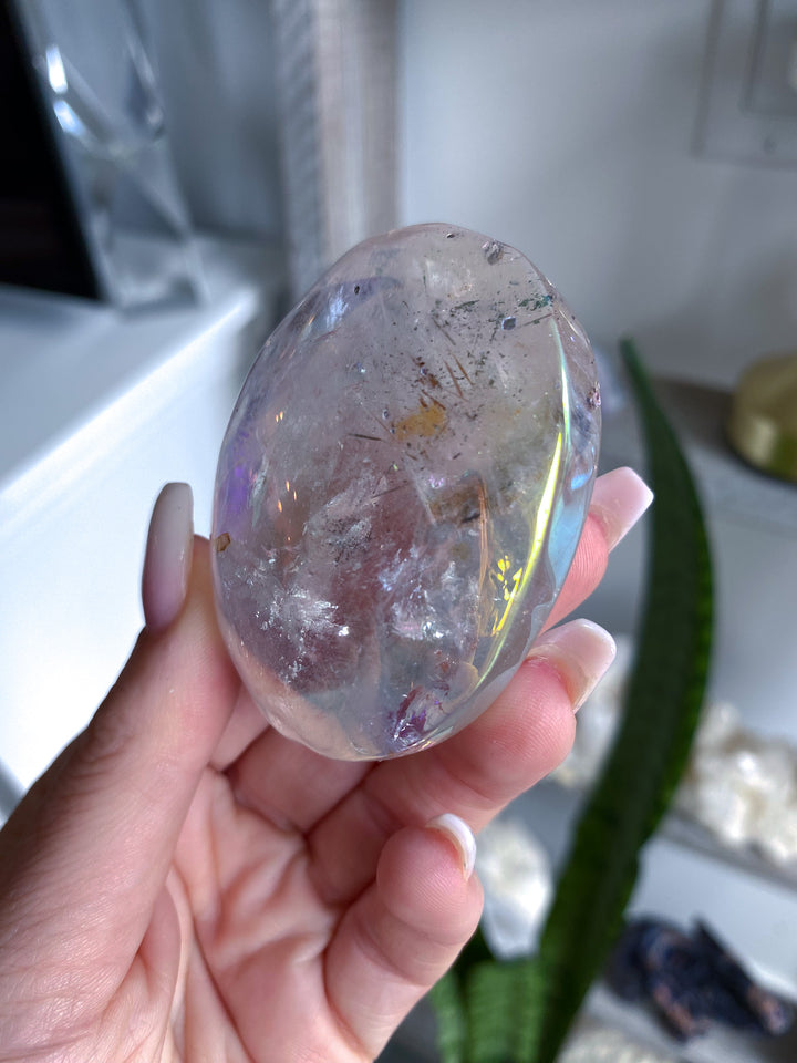 Large Angel Aura Clear Quartz Palm Stone 