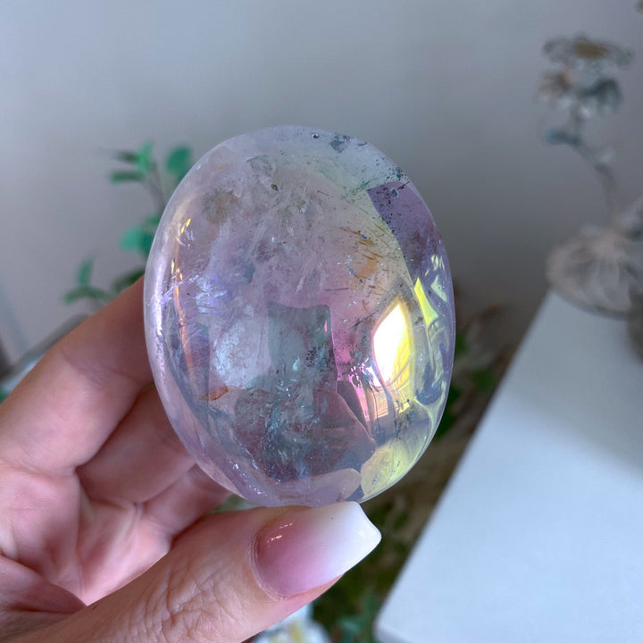 Large Angel Aura Clear Quartz Palm Stone 