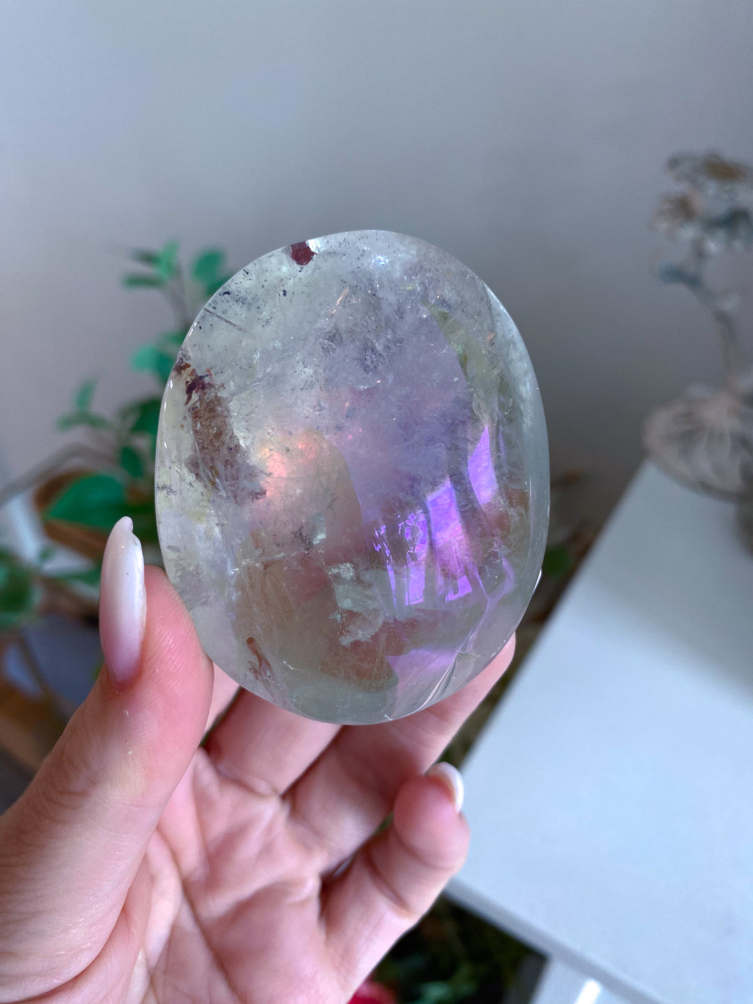 Large Angel Aura Clear Quartz Palm Stone 