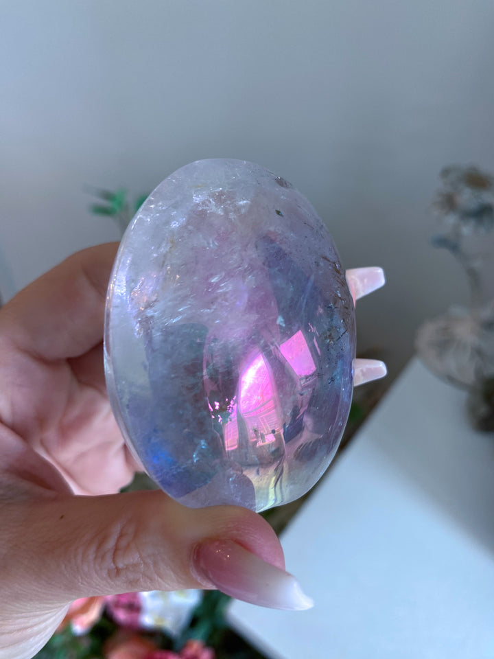 Large Angel Aura Clear Quartz Palm Stone 