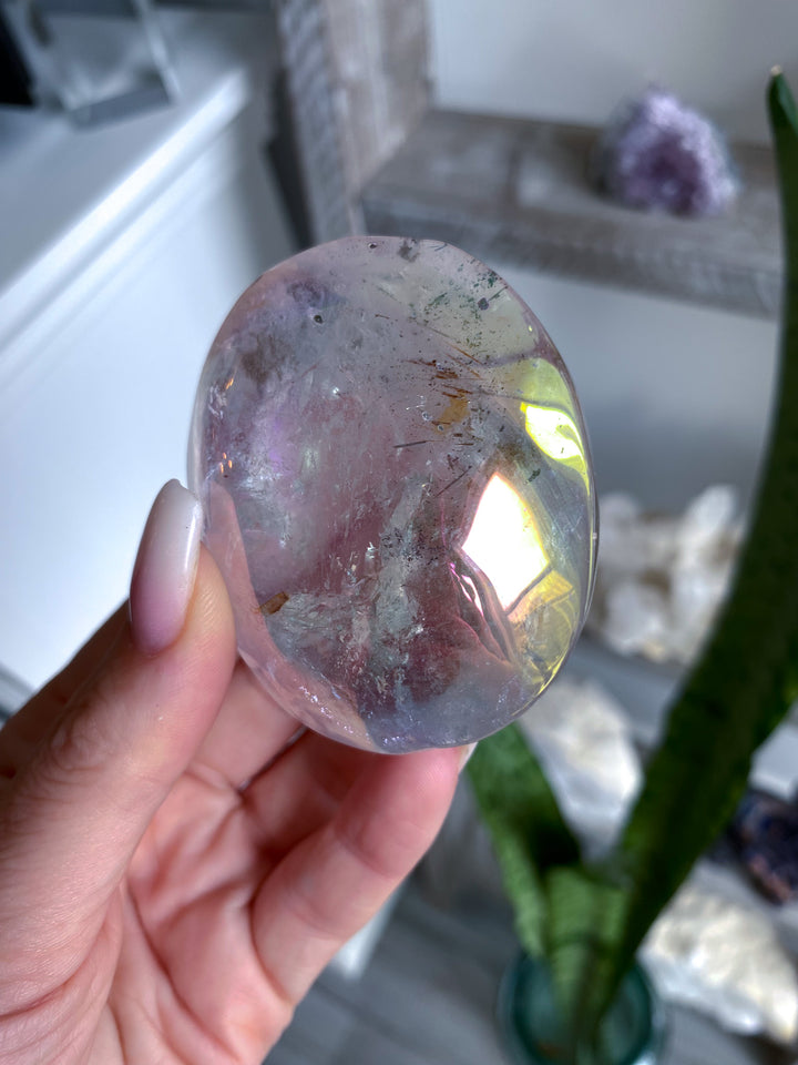 Large Angel Aura Clear Quartz Palm Stone 