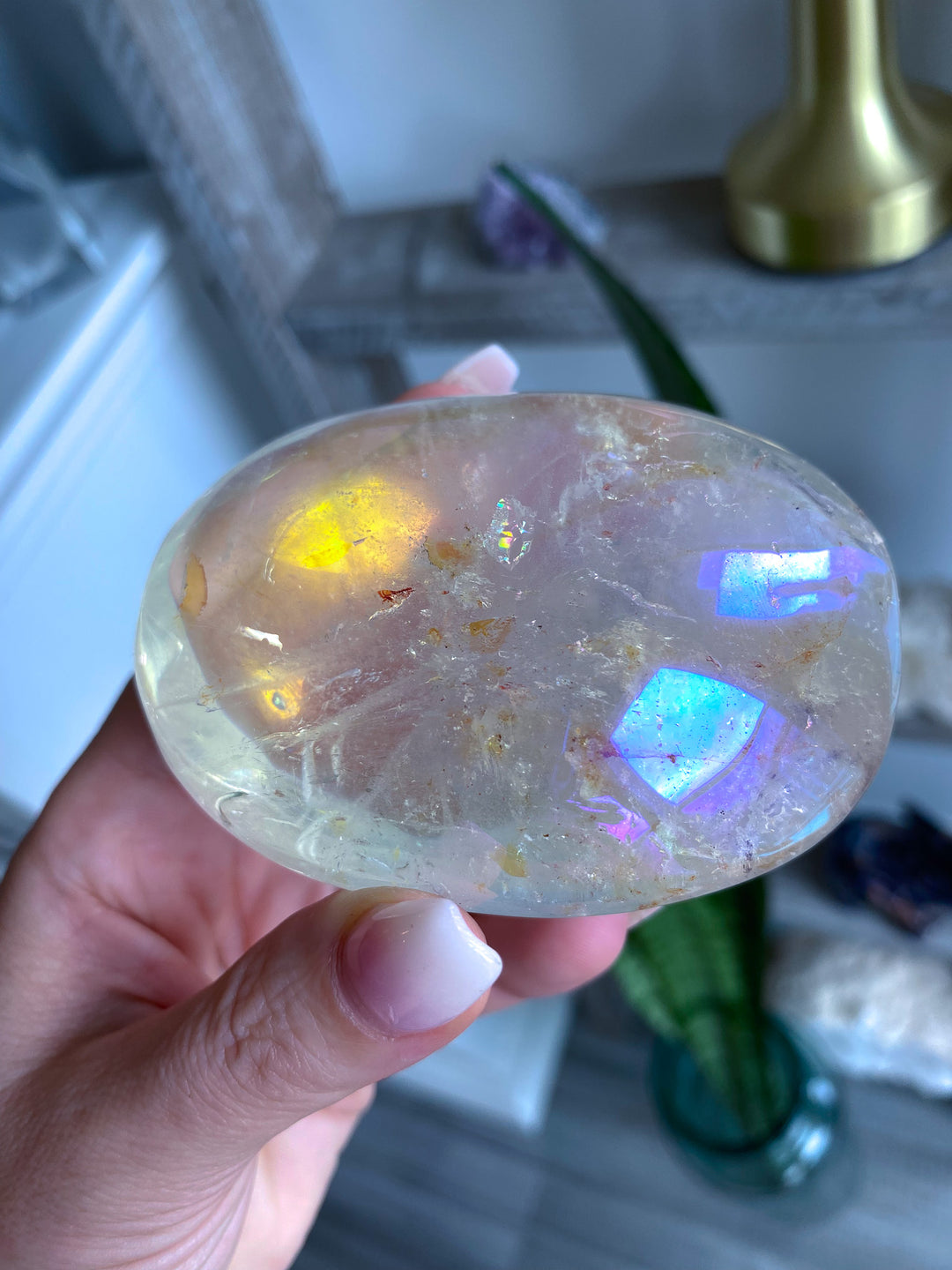 Inclusion Angel Aura Clear Quartz Palm Stone 