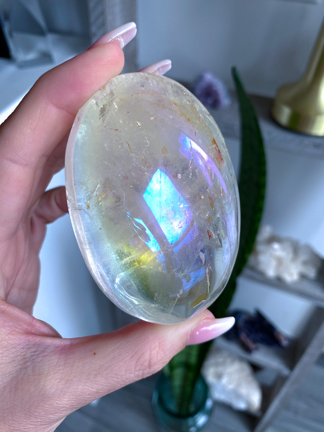 Inclusion Angel Aura Clear Quartz Palm Stone 