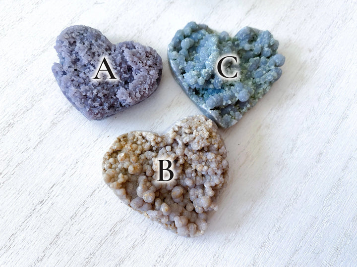 Grape Agate hearts labeled A, B and C