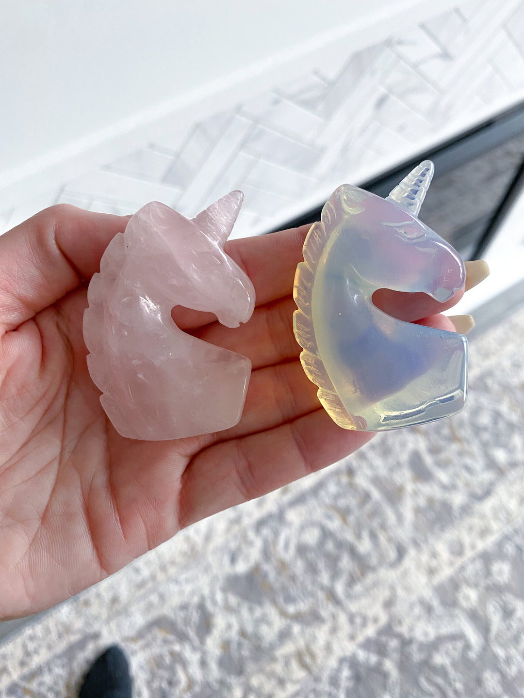 2" Unicorn Carving - Rose Quartz - Opalite - Love - Business Success - Energy Enhancer - Mood Stabilizer - Transition - Psychic Powers