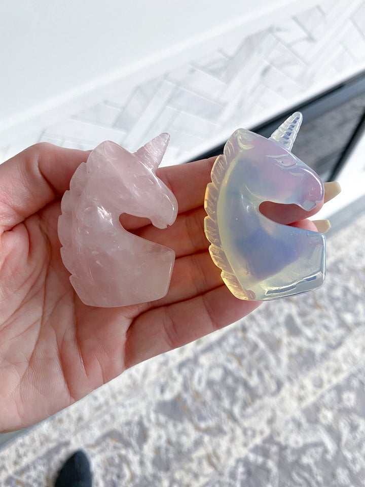 2" Unicorn Carving - Rose Quartz - Opalite - Love - Business Success - Energy Enhancer - Mood Stabilizer - Transition - Psychic Powers