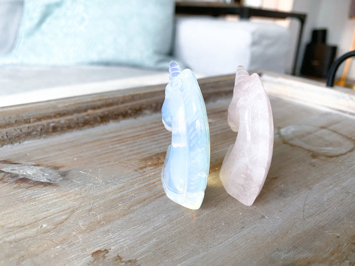 2" Unicorn Carving - Rose Quartz - Opalite - Love - Business Success - Energy Enhancer - Mood Stabilizer - Transition - Psychic Powers