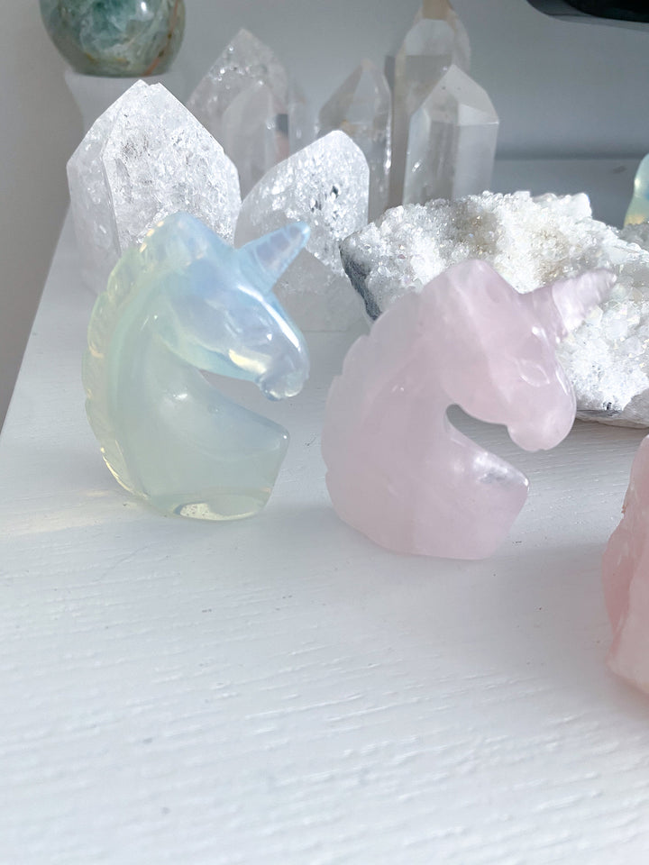 2" Unicorn Carving - Rose Quartz - Opalite - Love - Business Success - Energy Enhancer - Mood Stabilizer - Transition - Psychic Powers