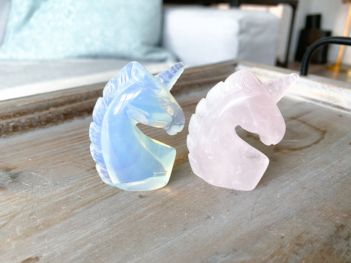 2" Unicorn Carving - Rose Quartz - Opalite - Love - Business Success - Energy Enhancer - Mood Stabilizer - Transition - Psychic Powers