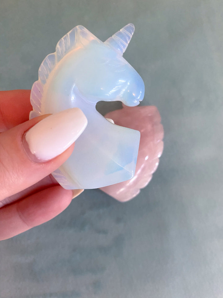 2" Unicorn Carving - Rose Quartz - Opalite - Love - Business Success - Energy Enhancer - Mood Stabilizer - Transition - Psychic Powers