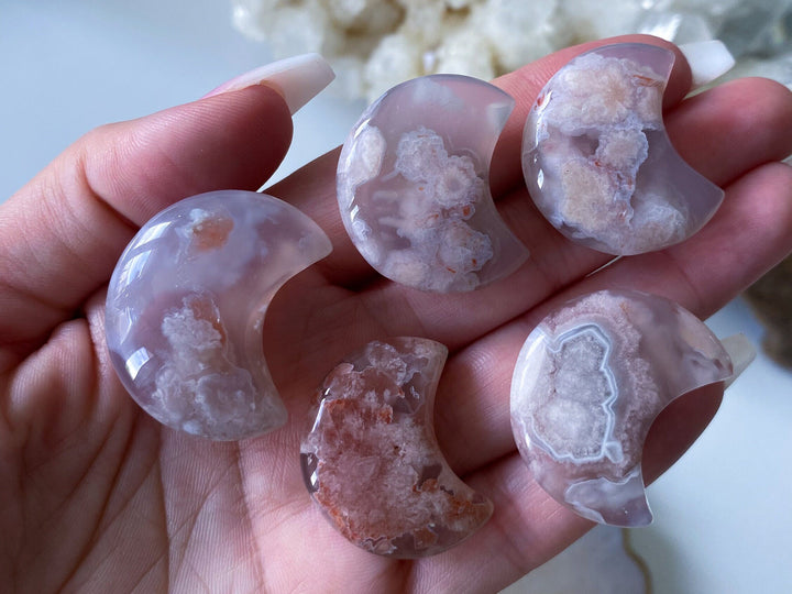 Pink Flower Agate Small Moon Carving