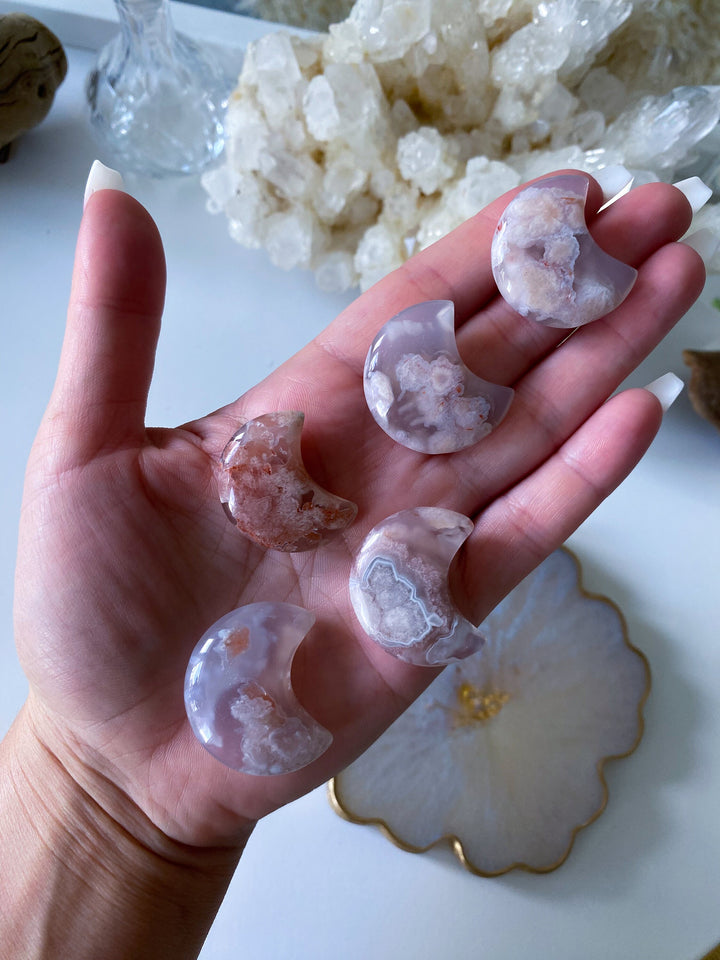 Pink Flower Agate Small Moon Carving