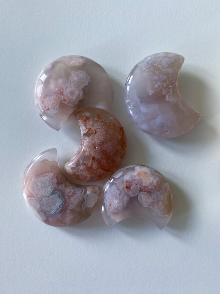 Pink Flower Agate Small Moon Carving