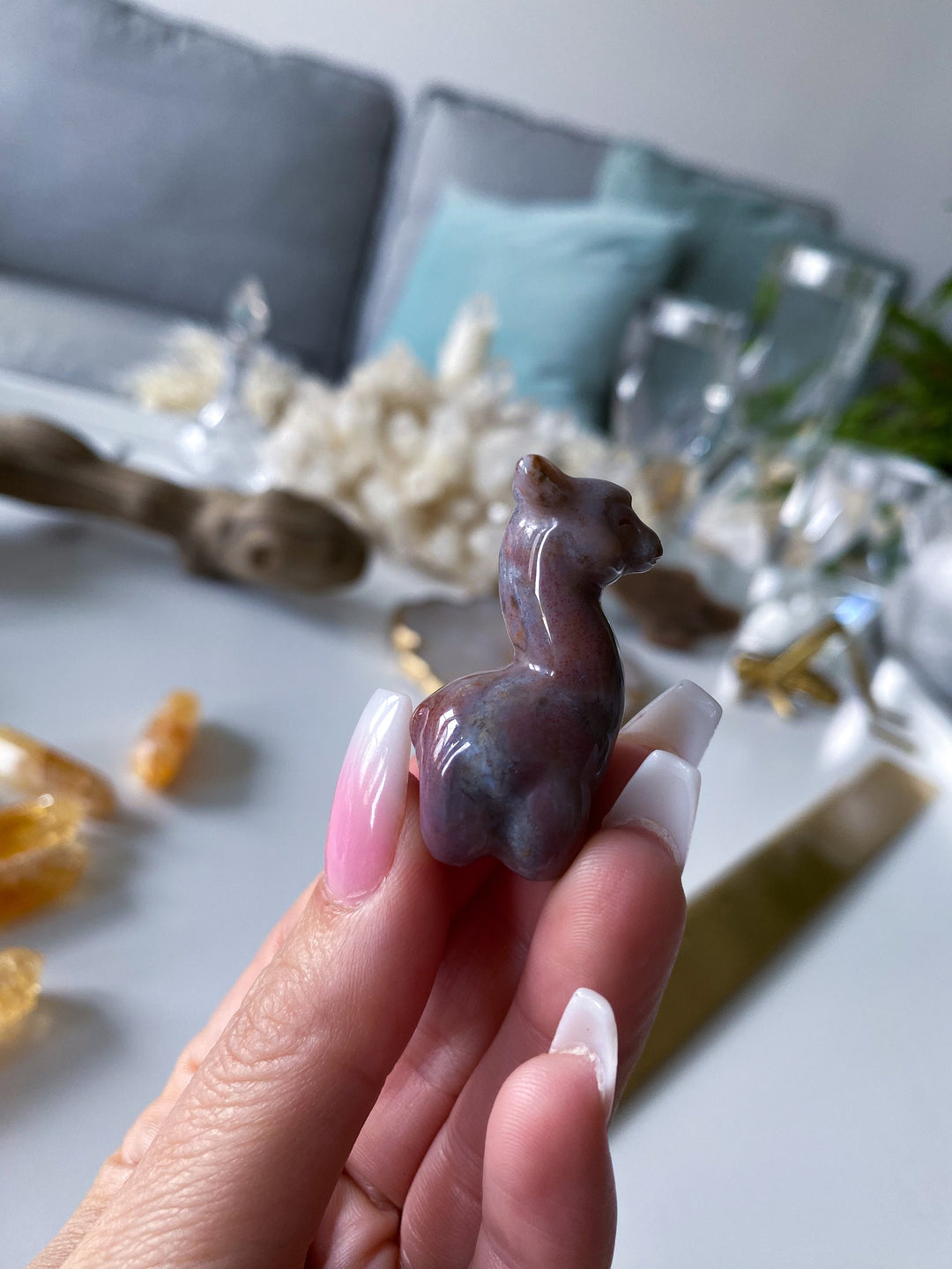 Small Ocean Jasper Llama Carving -Pastel Pink, Purple - Calming Stone - Reduce Stress - Manifestation Stone - Meditation