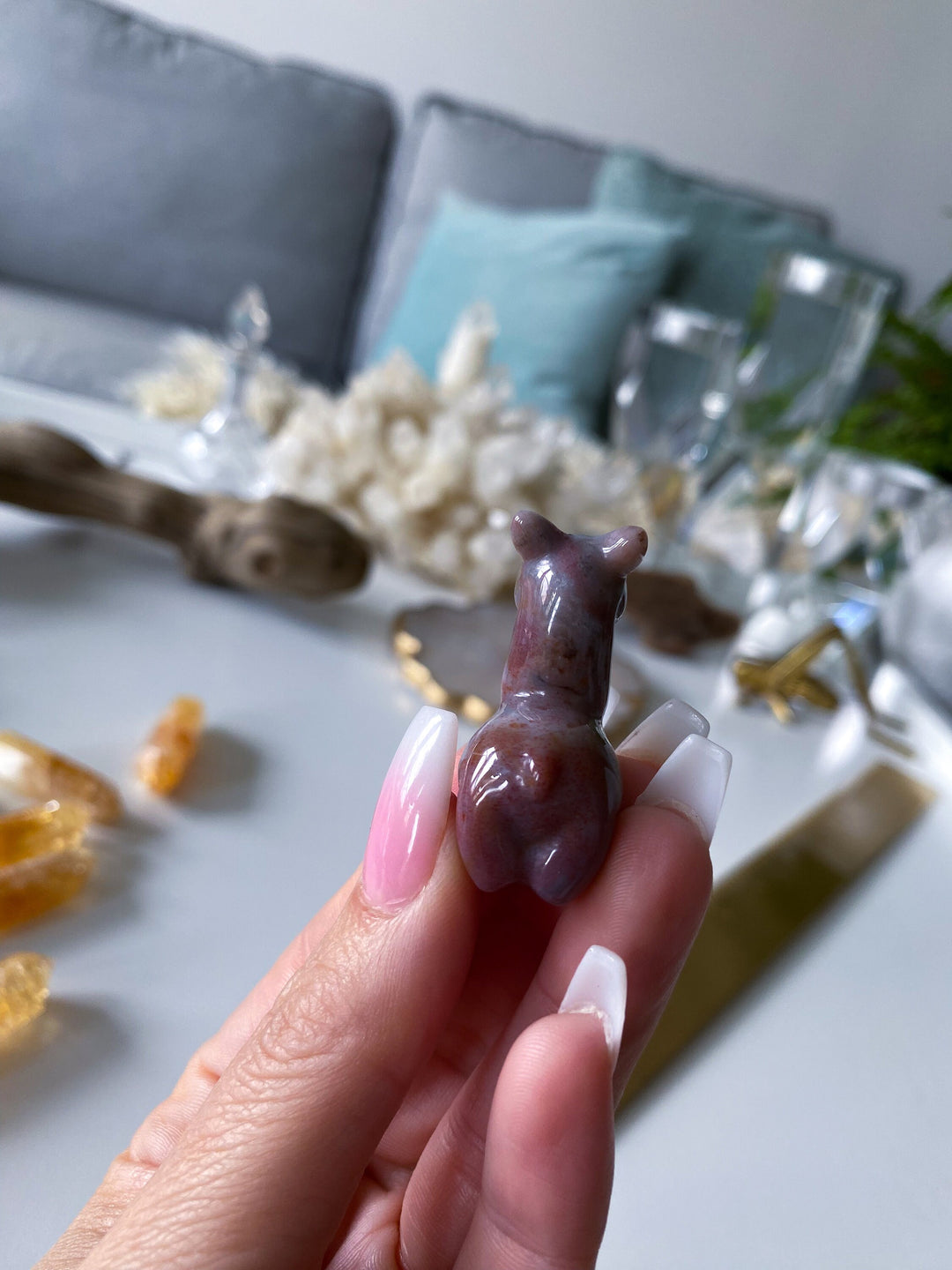 Small Ocean Jasper Llama Carving -Pastel Pink, Purple - Calming Stone - Reduce Stress - Manifestation Stone - Meditation