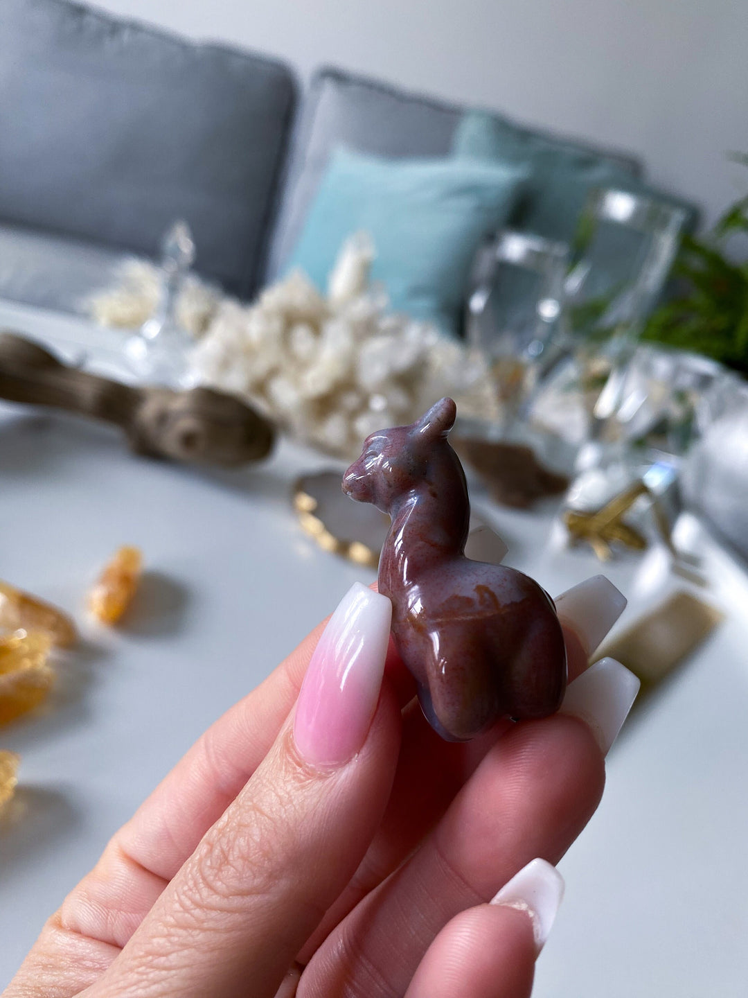 Small Ocean Jasper Llama Carving -Pastel Pink, Purple - Calming Stone - Reduce Stress - Manifestation Stone - Meditation