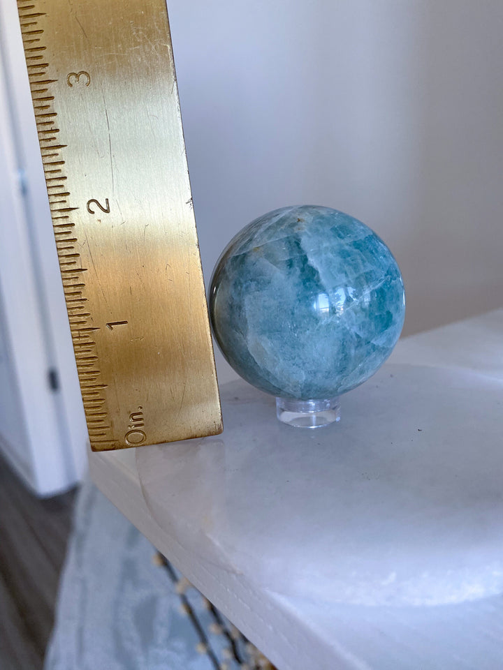 Pretty, Gentle Aquamarine Sphere - 1.5" - Get Exact Piece - Calming, Courage, Communication, Intuition, Serenity, Emotional Healing