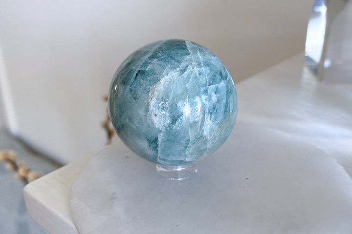 Pretty, Gentle Aquamarine Sphere - 1.5" - Get Exact Piece - Calming, Courage, Communication, Intuition, Serenity, Emotional Healing