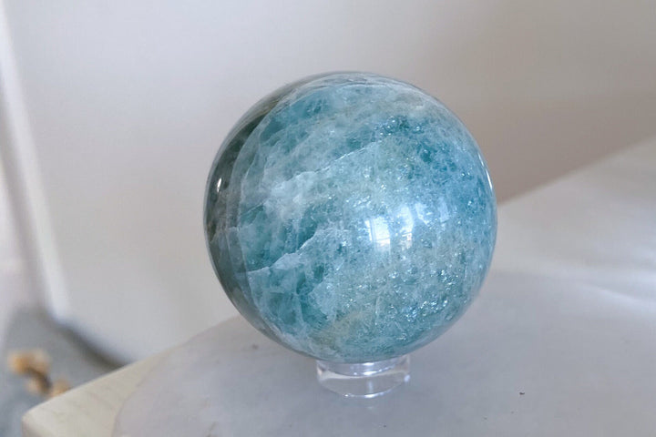 Pretty, Gentle Aquamarine Sphere - 1.5" - Get Exact Piece - Calming, Courage, Communication, Intuition, Serenity, Emotional Healing