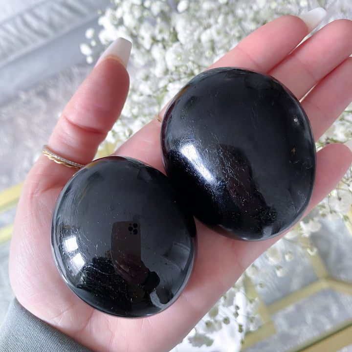 Shiny Black Tourmaline Palm Stone