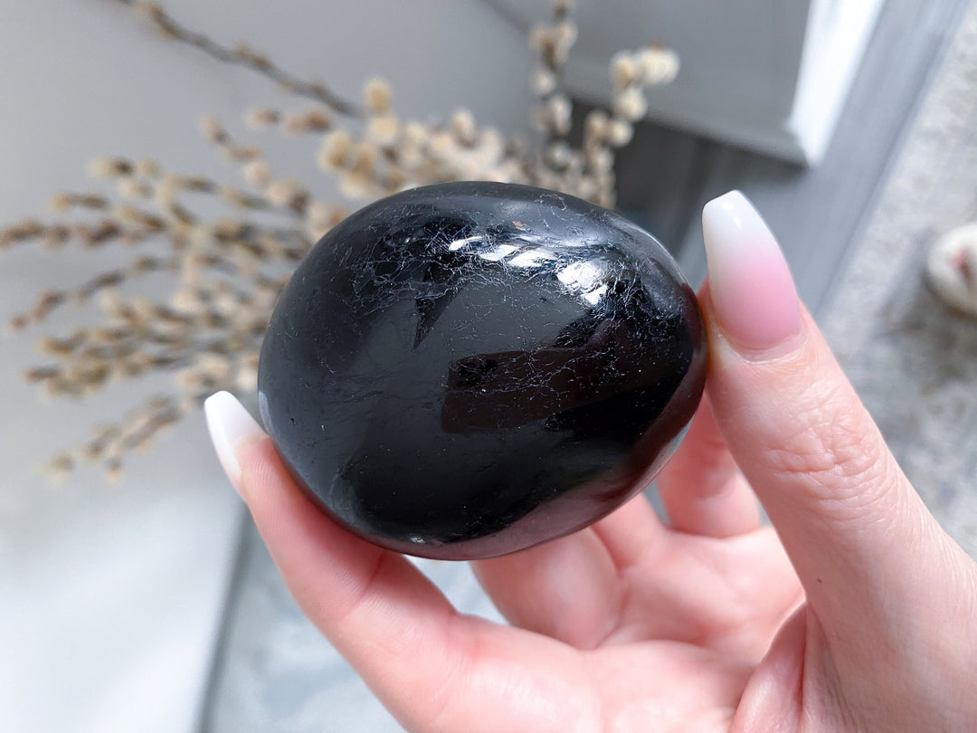 Shiny Black Tourmaline Palm Stone