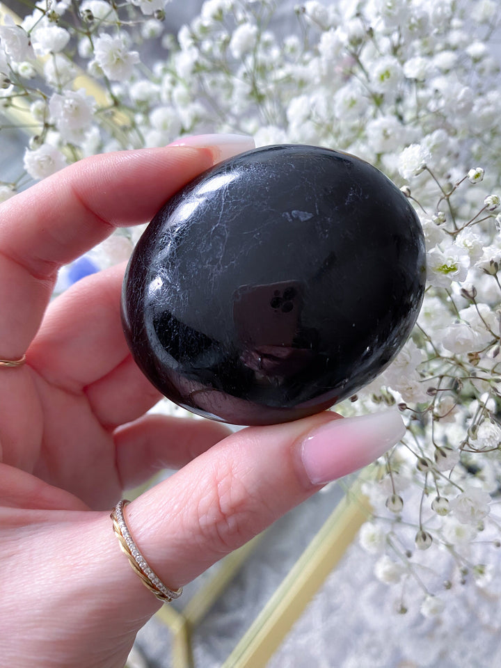 Shiny Black Tourmaline Palm Stone