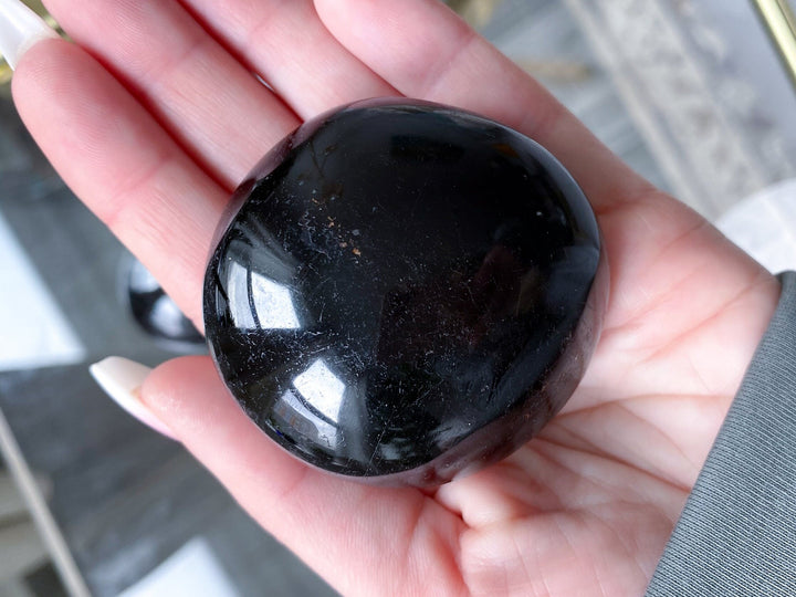 Shiny Black Tourmaline Palm Stone