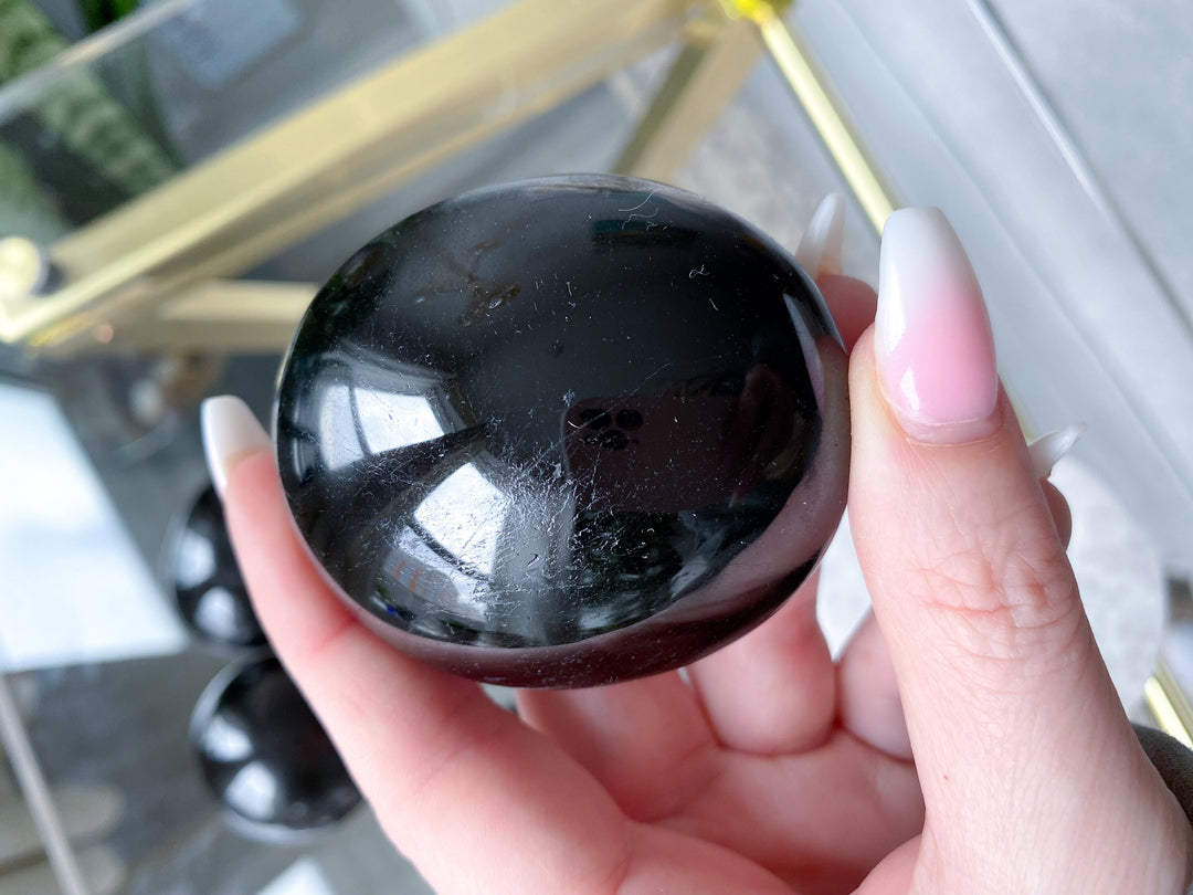 Shiny Black Tourmaline Palm Stone