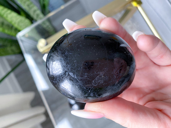 Shiny Black Tourmaline Palm Stone