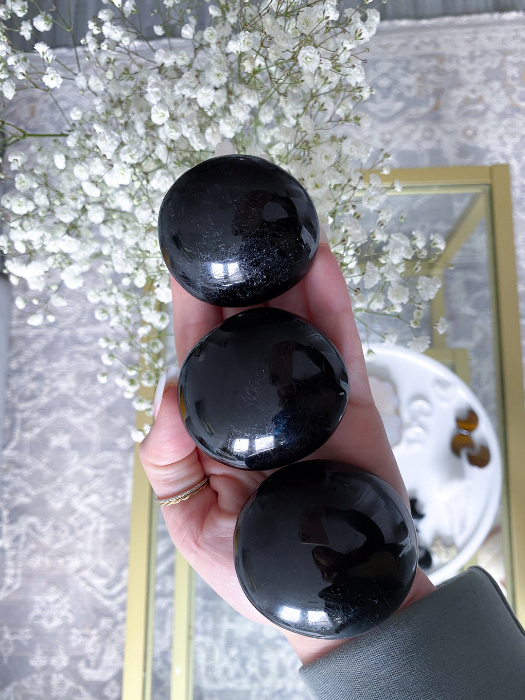 Shiny Black Tourmaline Palm Stone