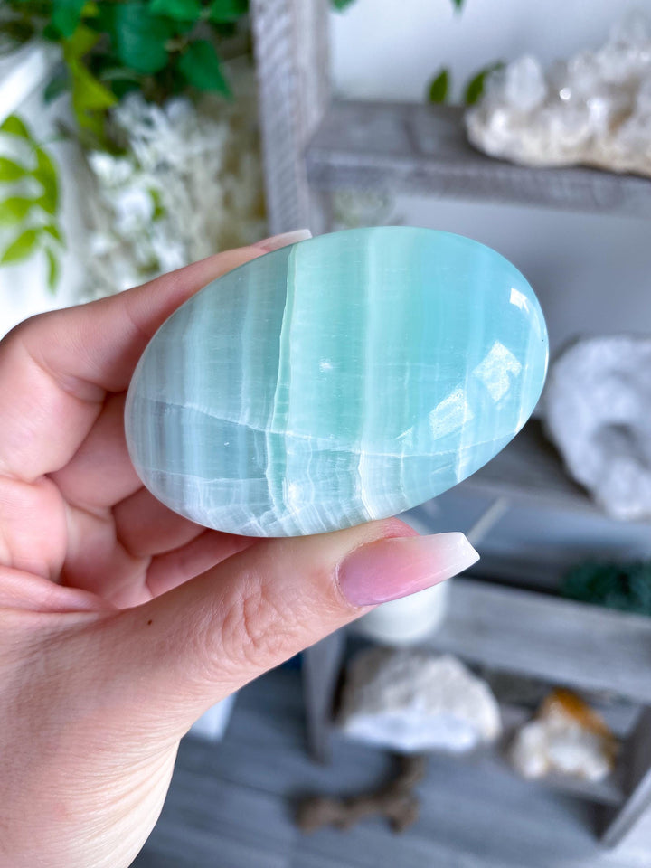 Pistachio Green Calcite Palm Stone #3 - Increase Patience - Self Love - Heart Chakra