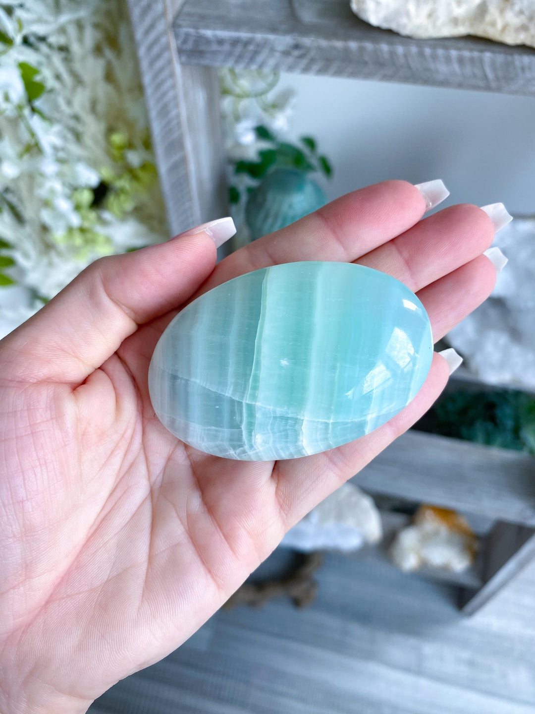 Pistachio Green Calcite Palm Stone #3 - Increase Patience - Self Love - Heart Chakra