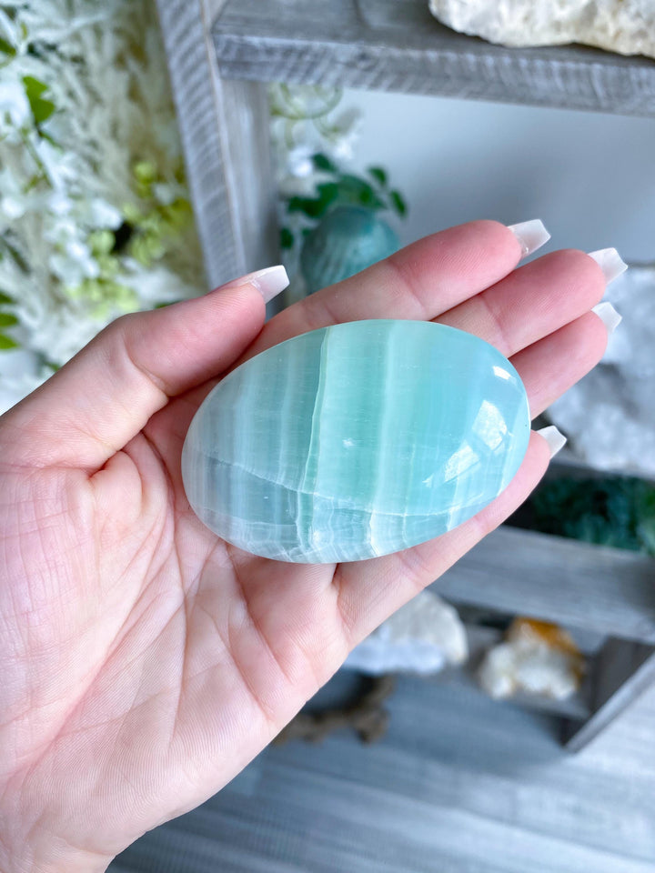Pistachio Green Calcite Palm Stone #3 - Increase Patience - Self Love - Heart Chakra