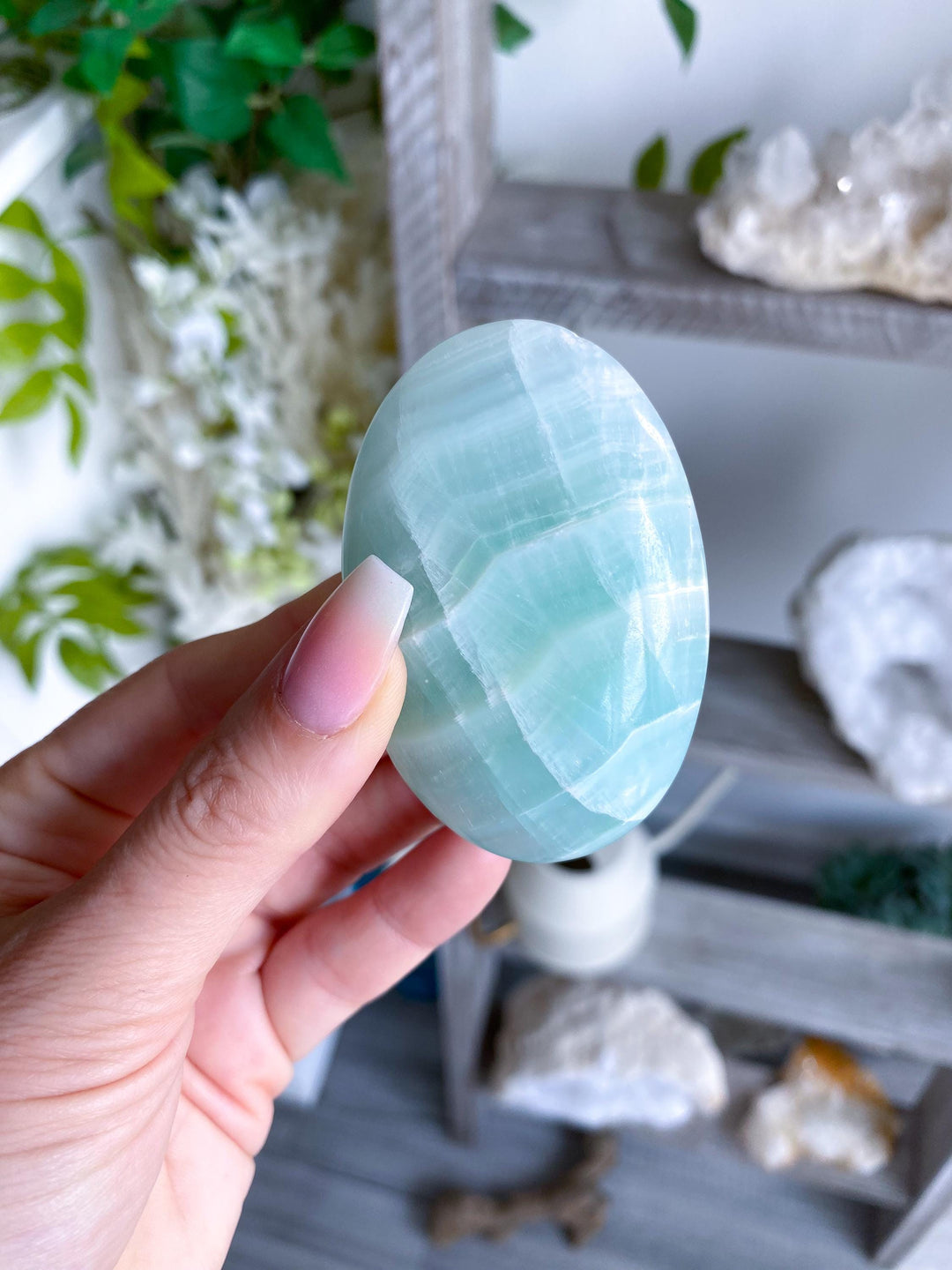 Pistachio Green Calcite Palm Stone #3 - Increase Patience - Self Love - Heart Chakra