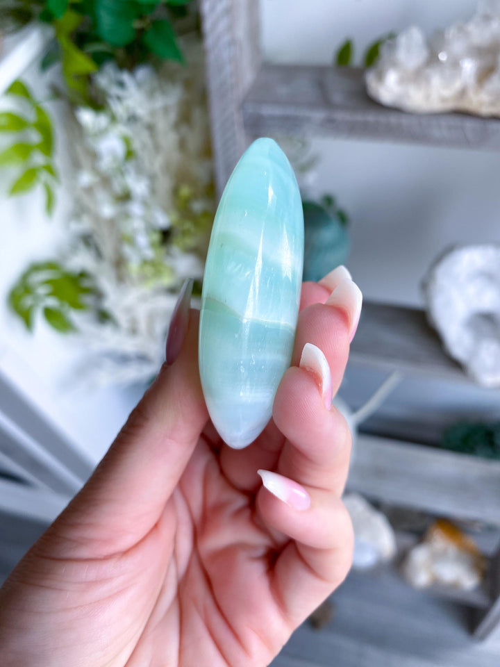 Pistachio Green Calcite Palm Stone #3 - Increase Patience - Self Love - Heart Chakra