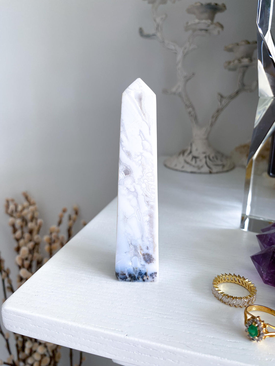 White Calcite Tower with Dendrites - 4.25"