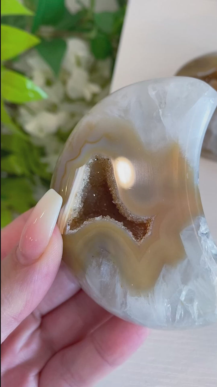 Druzy Orange, Peach Agate MOON  - Calm Nerves - Soothe Depression - Crystal Therapy - Self-care Stone - Crescent