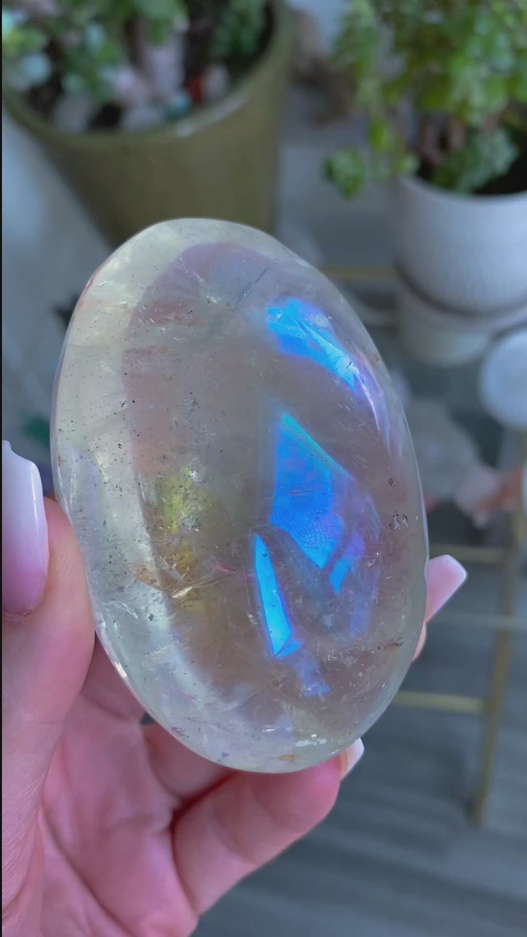 Jumbo Angel Aura Clear Quartz Palm Stone - Inclusions