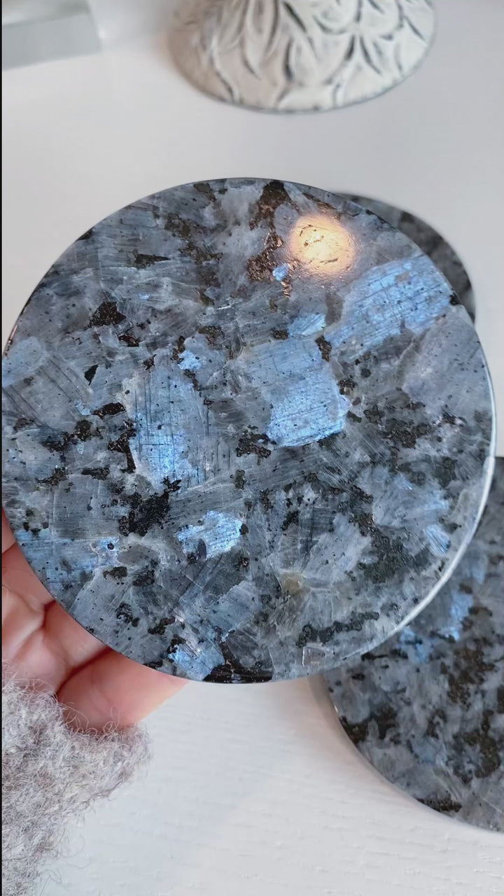 Set: Two Large Flashy Larvikite Coasters