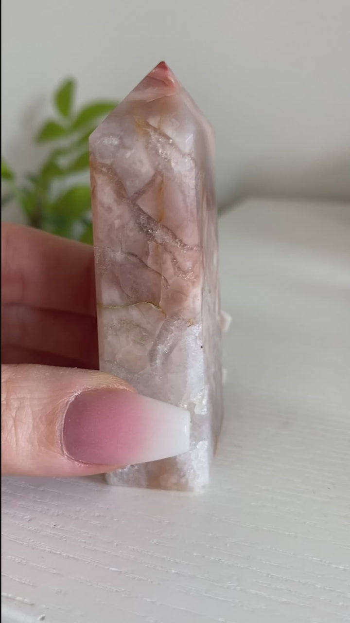 Peachy Pink Flower Agate Tower 3"