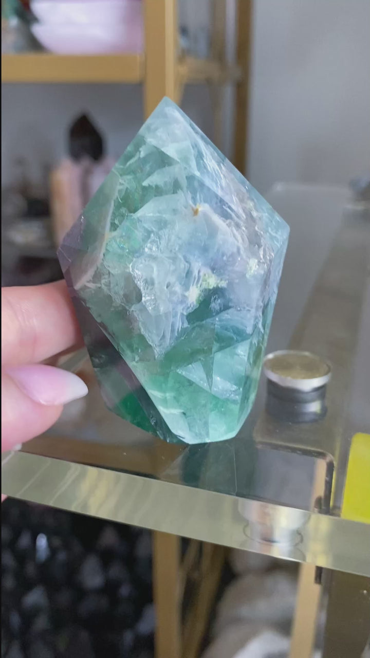 BEAUTIFUL Chevron Purple, Green Inclusion Rainbow Fluorite Point #10